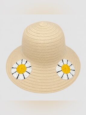 Beige Straw Sun Hat w/ Daisy Flowers Wide Brim Beach Summer Women’s One Size New
